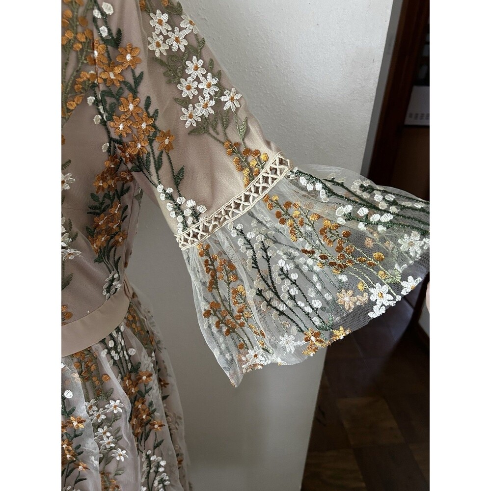 Bohme Floral Embroidered Sheer Lined Fit & Flair Midi Dress Boho Romantic Size L - Picture 3 of 12